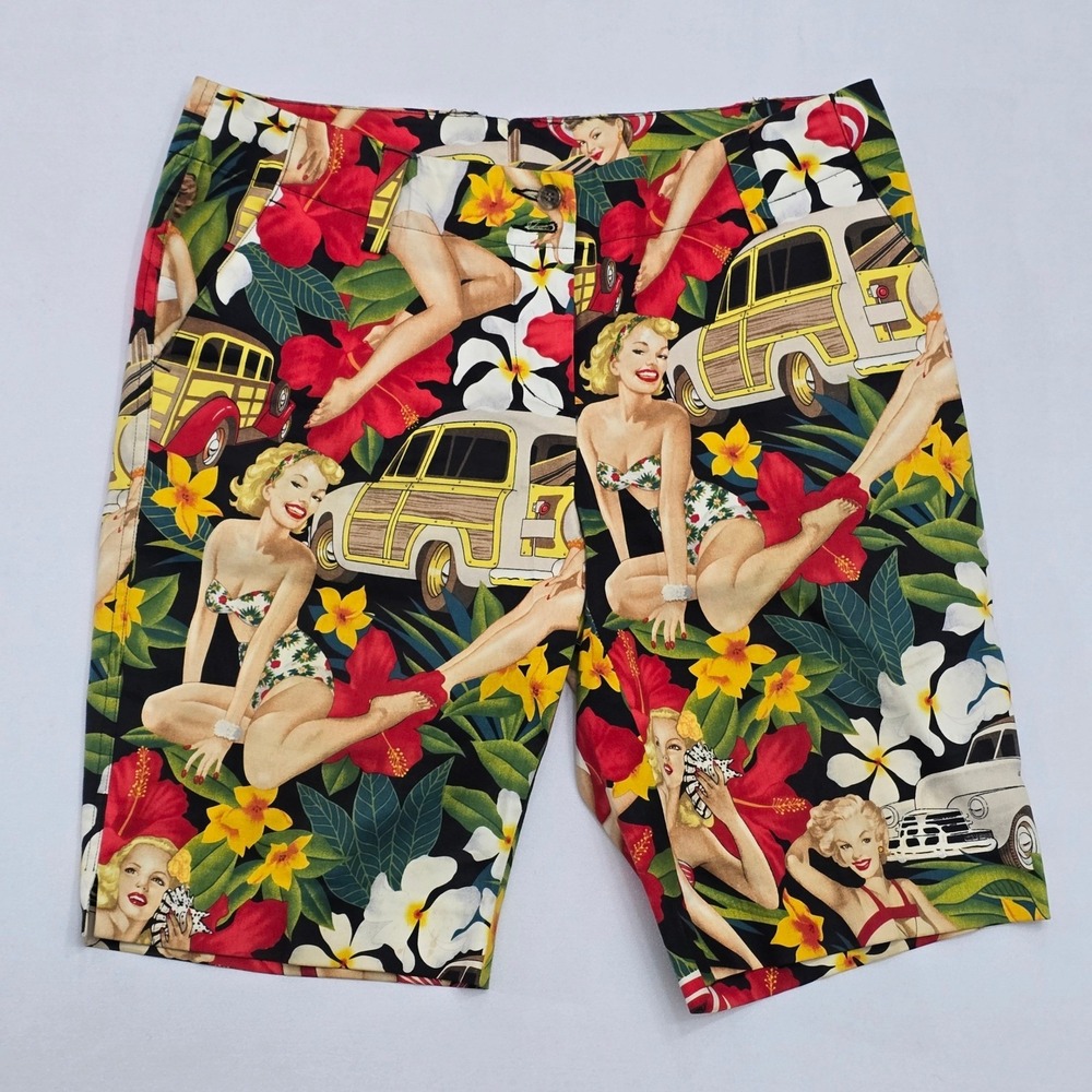 Loudmouth Golf Pin Up Girl Tropical Woodie Shorts Womens 8 Retro Floral Black